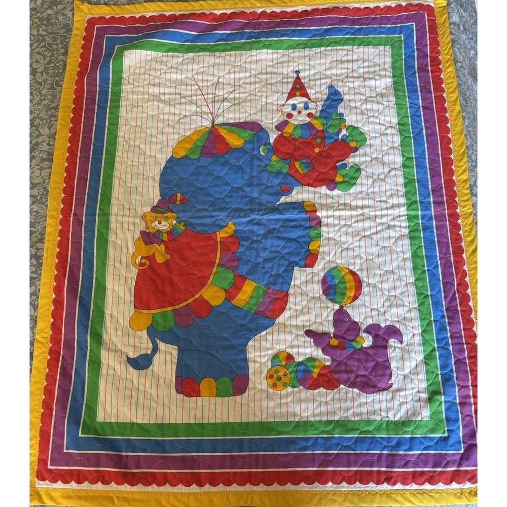 Handmade Clown Light Quilt Blanket  35"X44" Elephant Bright Colors Vntg 80's 90s